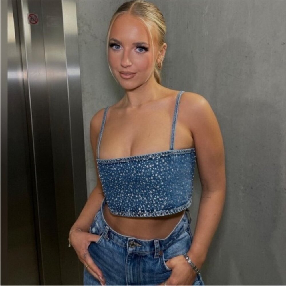 Zara Rhinestone Jewel Denim Crop Top Blue Blogger Fav Size Small NWT